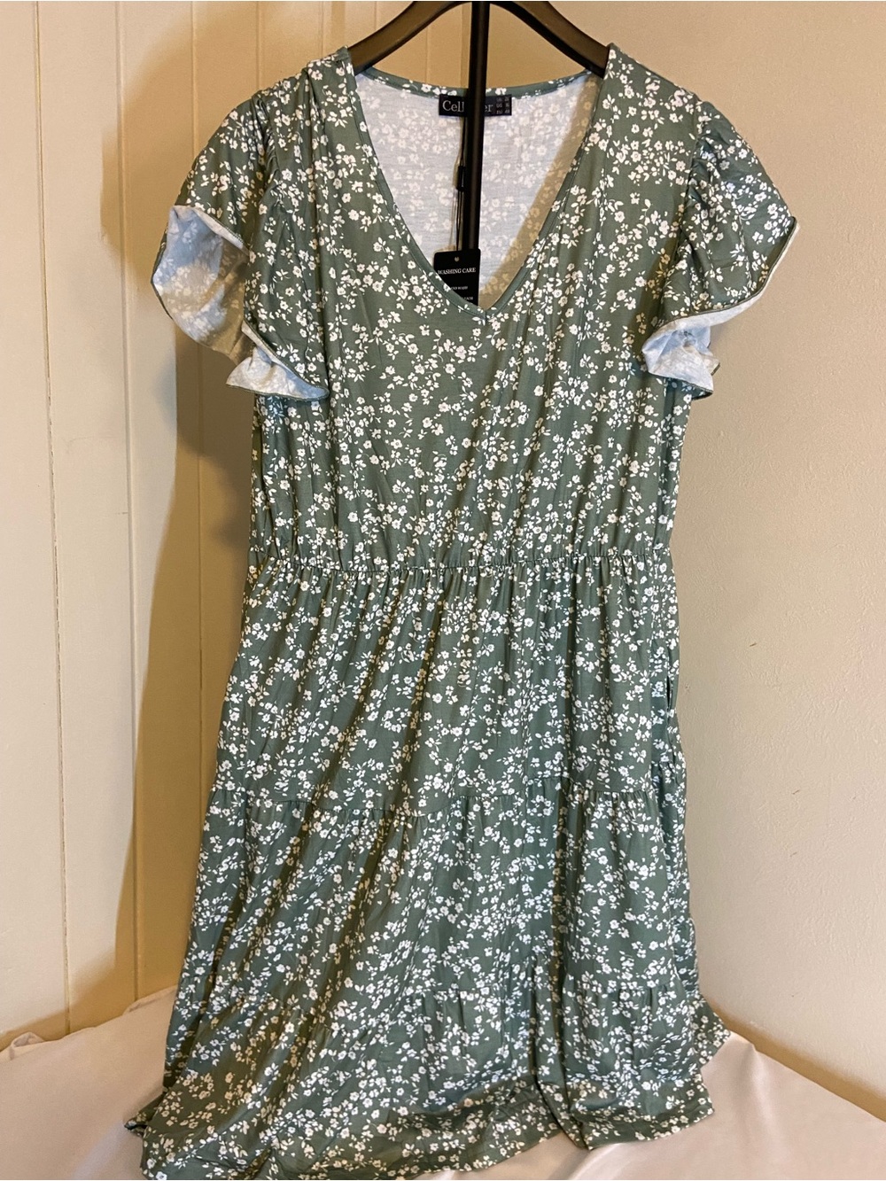Celeste Sage Green White Floral V-Neck Ruffle Mini Dress